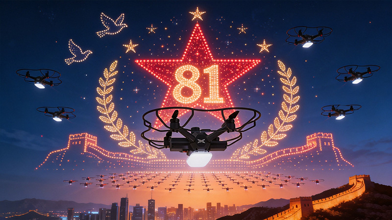 建军节无人机表演,八一无人机灯光秀,表演无人机,红色主题灯光秀,无人机编队